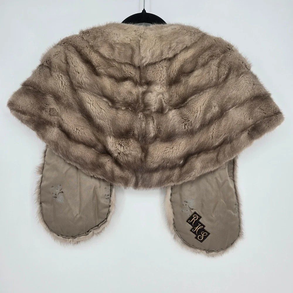 Vintage genuine mink fur shawl with front pockets - light brown, US made